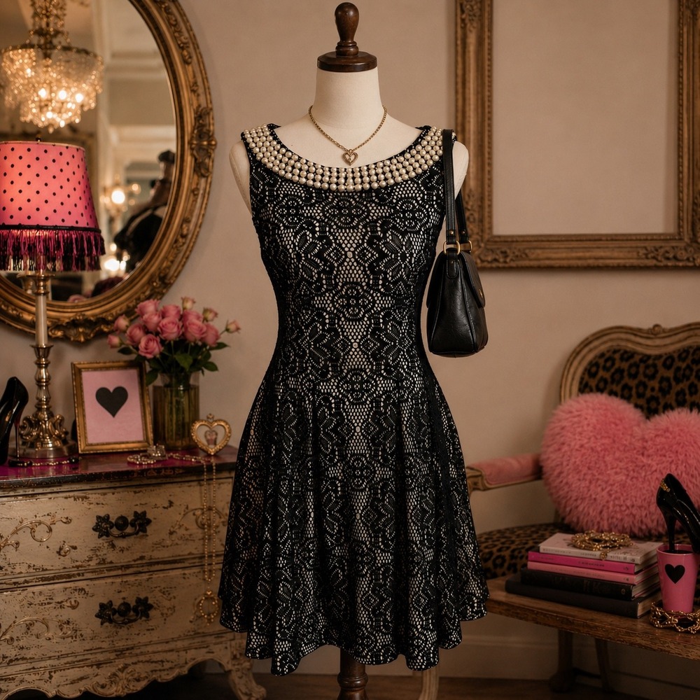 Betsey Johnson Black Lace Pearl Collar Fit Flare Dress Sz 6 Cocktail Party Glam